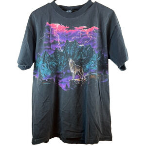 Vintage Thunder Lightening Wolf Shirt Wrap Around Nature Art Mens Size L